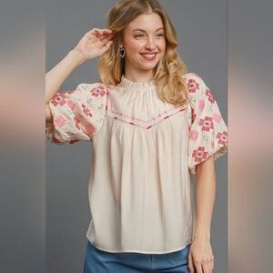 Umgee Full Size Embroidered Puff Sleeve Mock Neck Top Plus Size